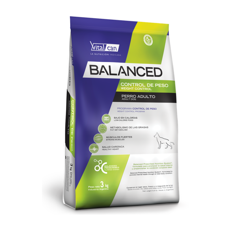 Vitalcan Balanced Control de Peso Perro Adulto * 3kg — Bajo en Calorías con L-Carnitina para el Metabolismo de las Grasas